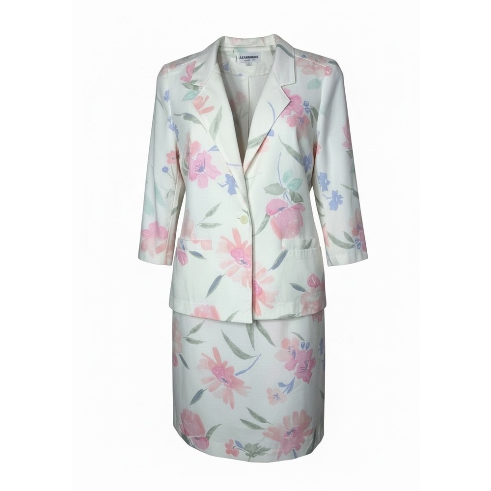 Alfred Dunner Vintage 90s Floral Skirt Suit Set White Pastel Watercolor Size 12